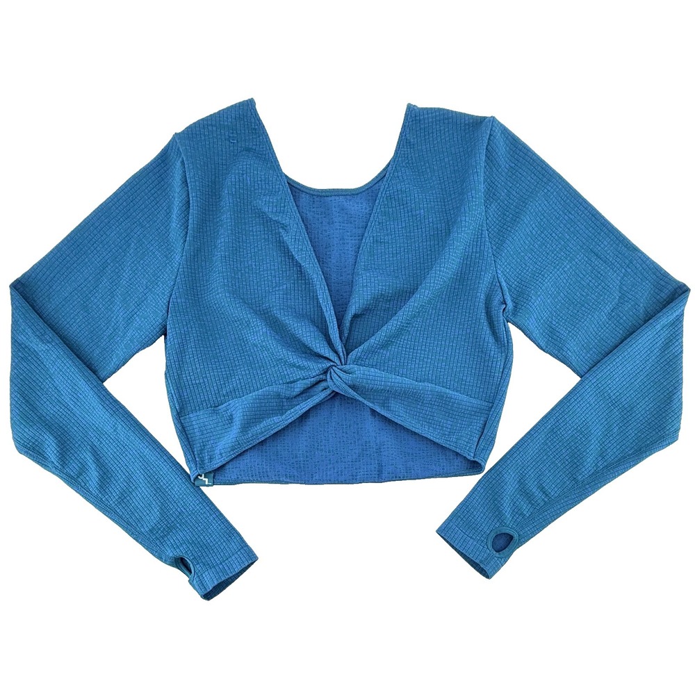 oyLab‎ Women's Cropped Twist Front Athletic Top Blue Ribbed Thumbholes Size XL